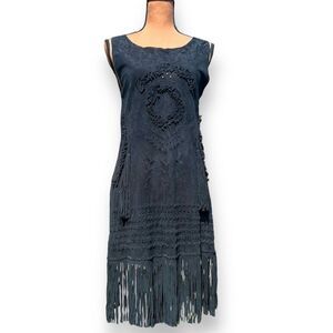 Poupette St. Barth, Suede Scoop Neck Fringe Trim Knee-Length Dress Women’s XS